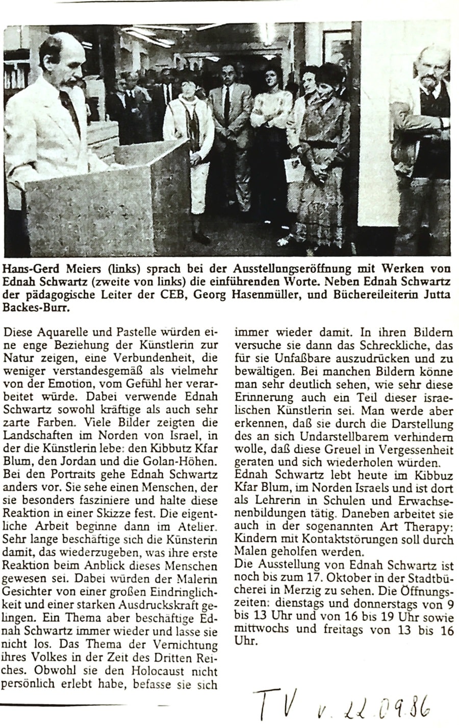 News Clipping of Hans-Gerd Meirs Speaking At The Opening Of The Exhibit of Artist Ednah Sarah Schwartz